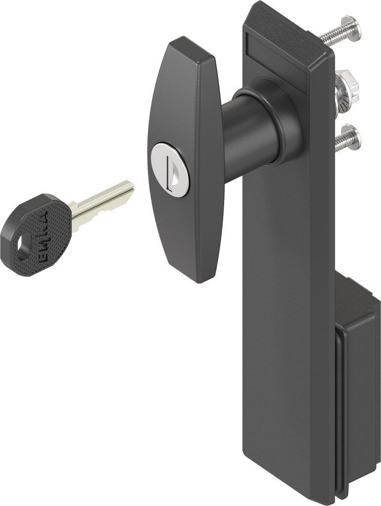 Sleutelschild met T-greep verschillend sluitend, polyamide zwart en GD-Zn (Zamak) zwart gepoedercoat