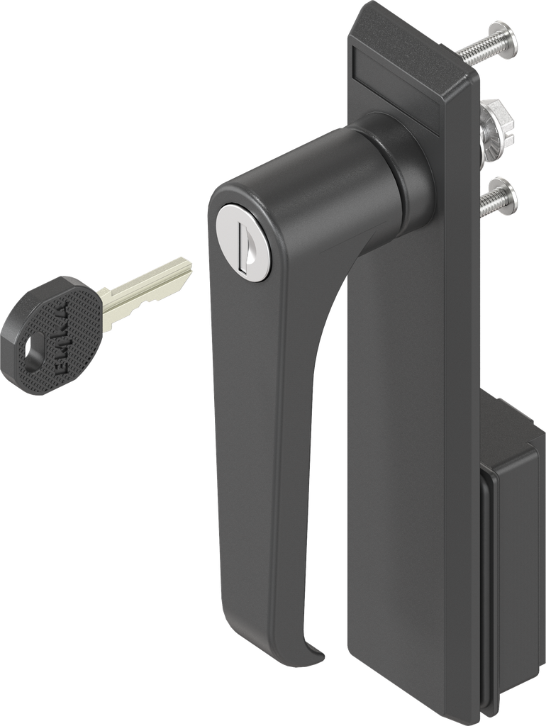 Escutcheon with L-handle, keyed EK 333, Polyamide black and zinc die black powder-coated
