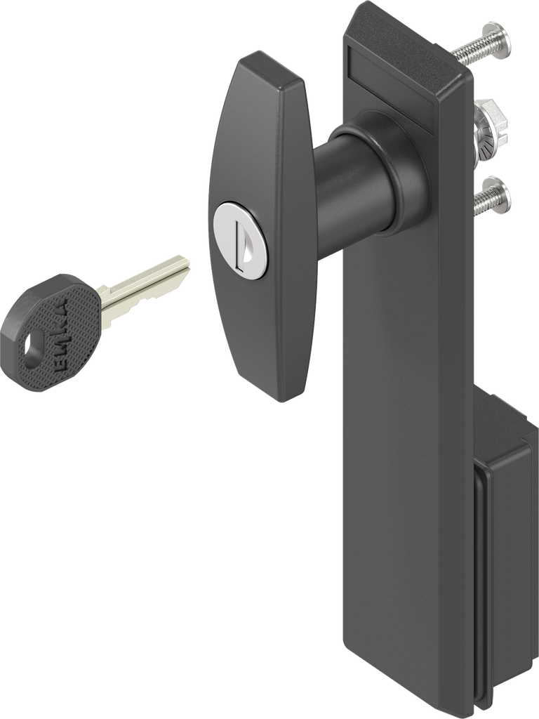 Sleutelschild met T-greep verschillend sluitend, polyamide zwart en GD-Zn (Zamak) zwart gepoedercoat