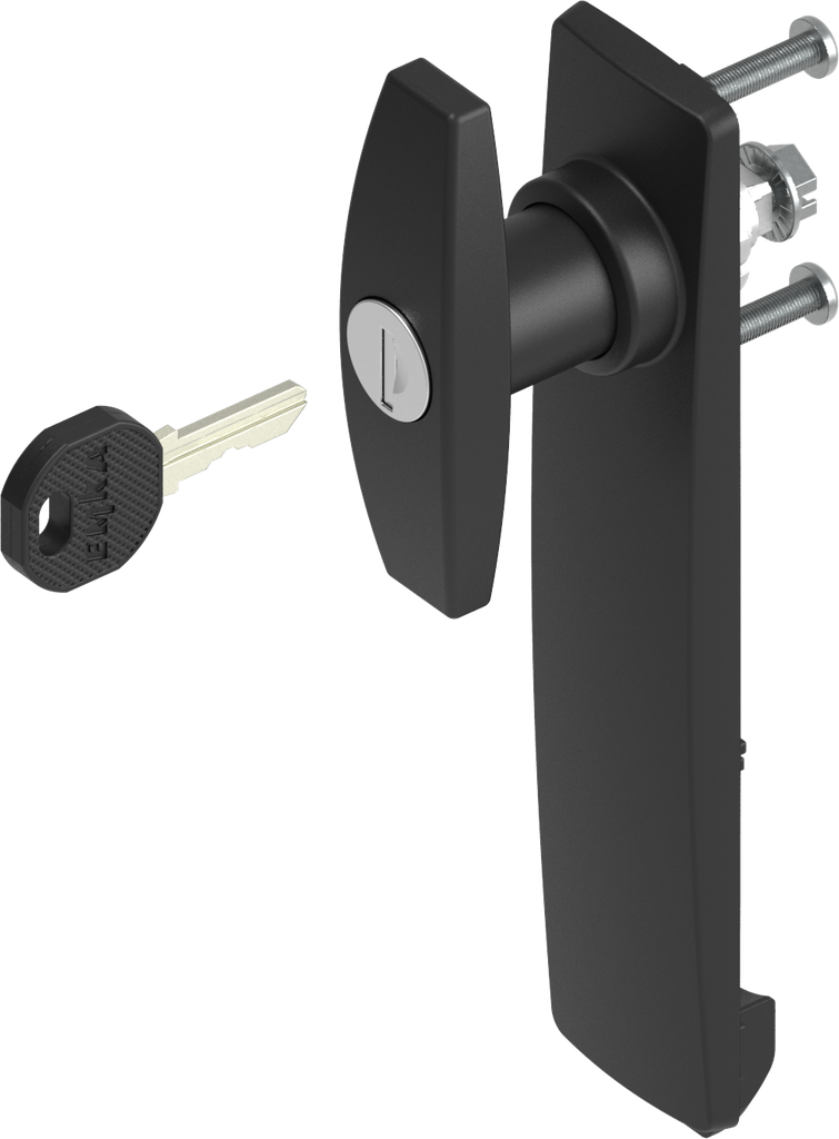 Sleutelschild lang met T-greep verschillend sluitend, polyamide zwart en GD-Zn (Zamak) zwart gepoedercoat