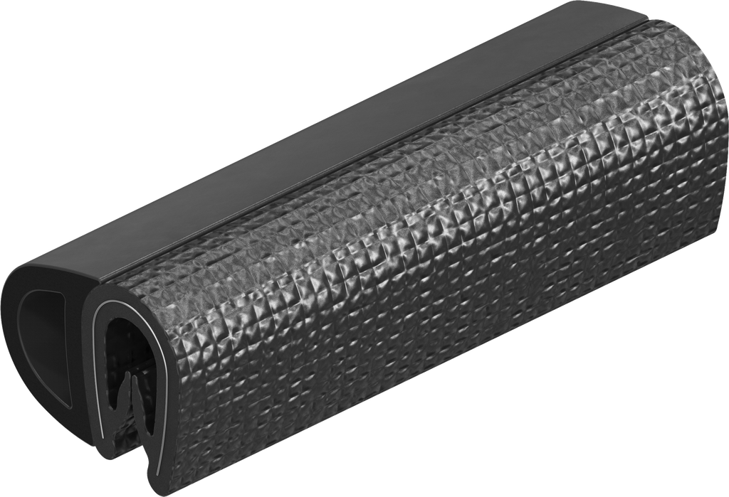 Perfil de junta para montaje a presión, caucho microporoso EPDM; perfil base PVC 70 ± 5 Shore A negro