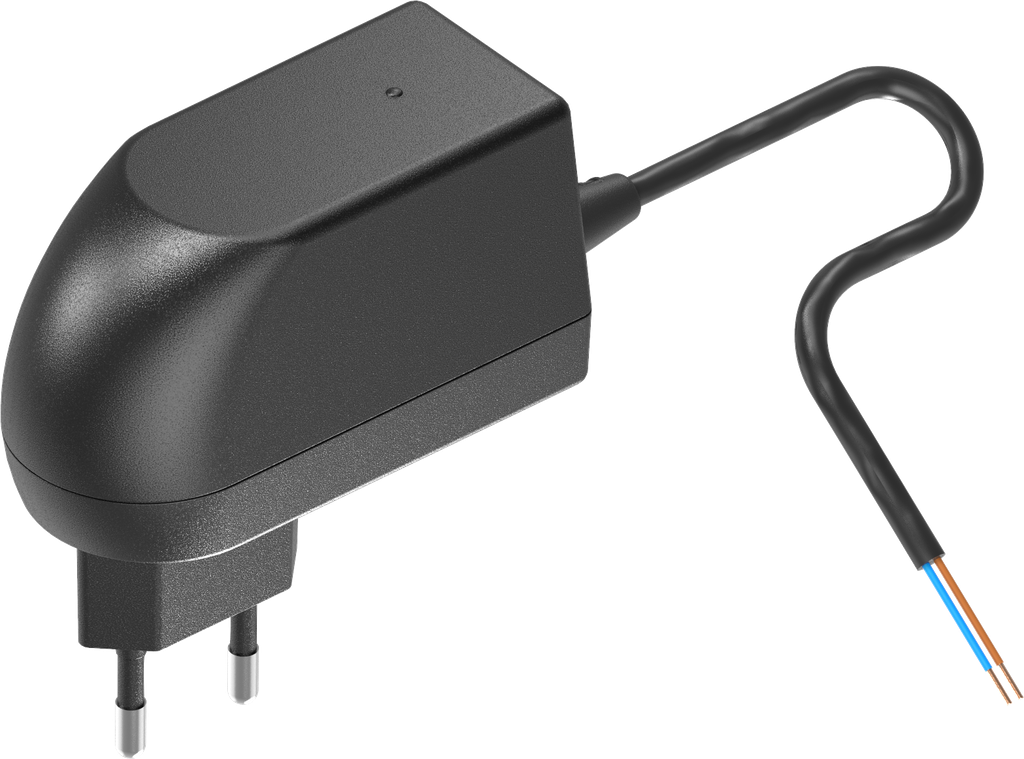 Adaptador de red 12V con extremos de los cables abiertos, plástico negro